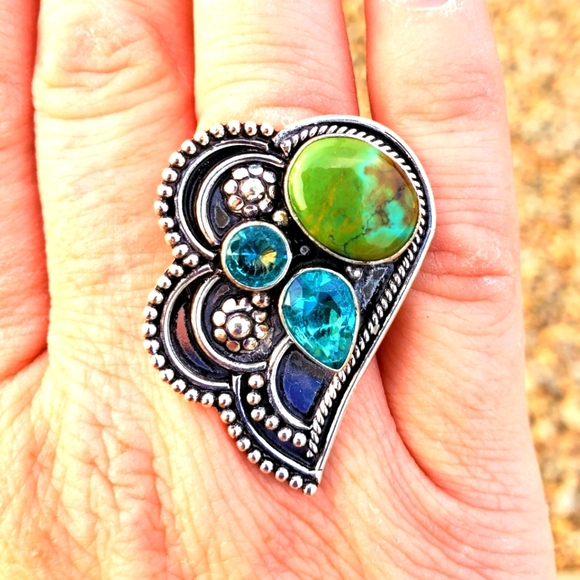 New Chrysocolla & Blue Topaz 925 Silver Ring. - Picture 3 of 16